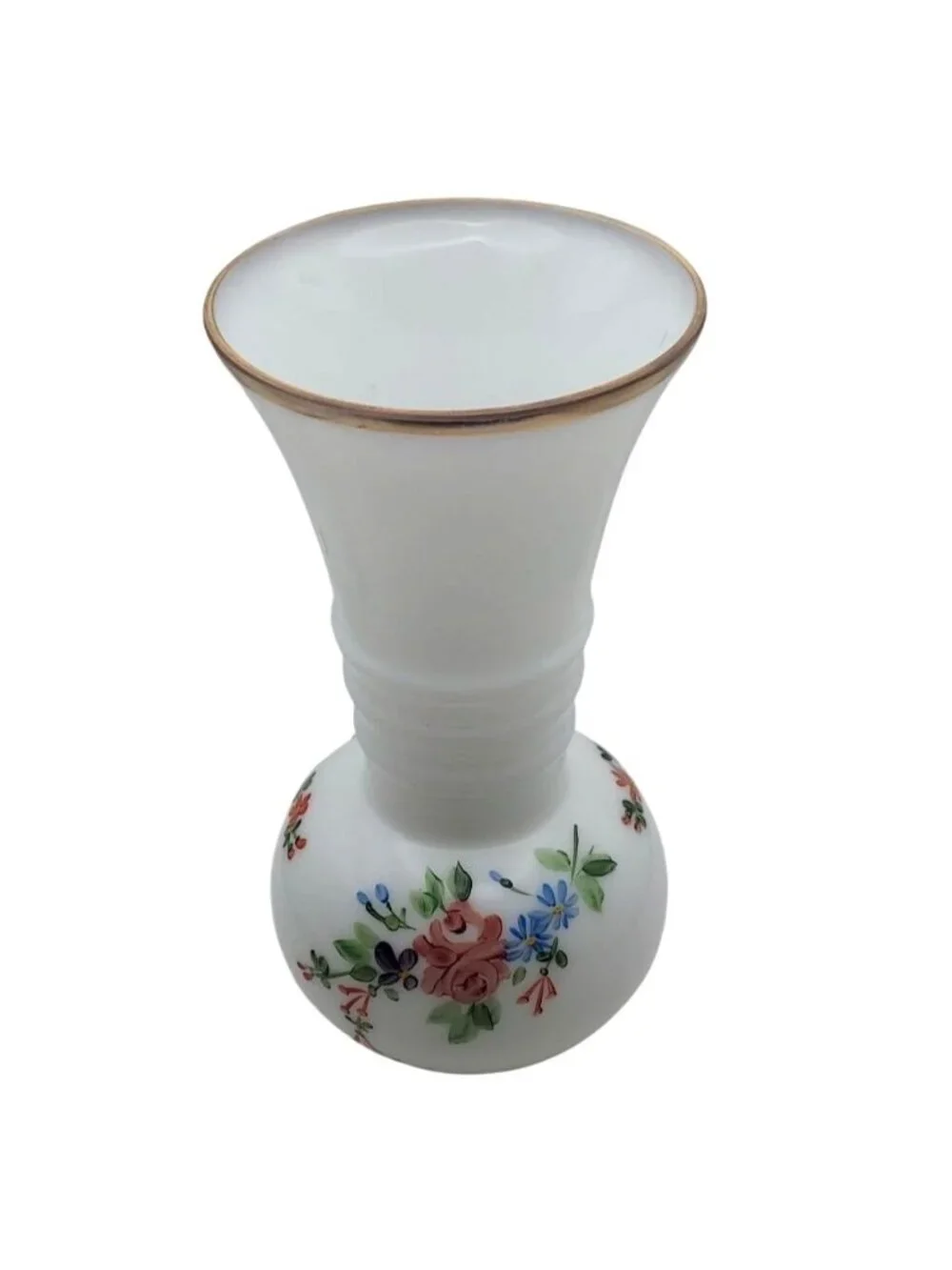 Vintage Hand Painted Floral Milk Glass Ball Vase Gold Trim Ribbed Neck Cottage - Picture 2 of 7